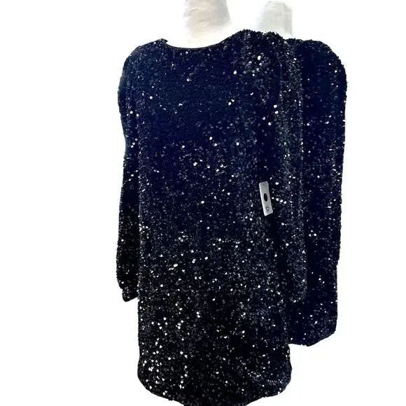 Black Sequin Long Sleeve Mini Dress XS Party Holiday NYE Cocktail Coquette - Picture 3 of 11